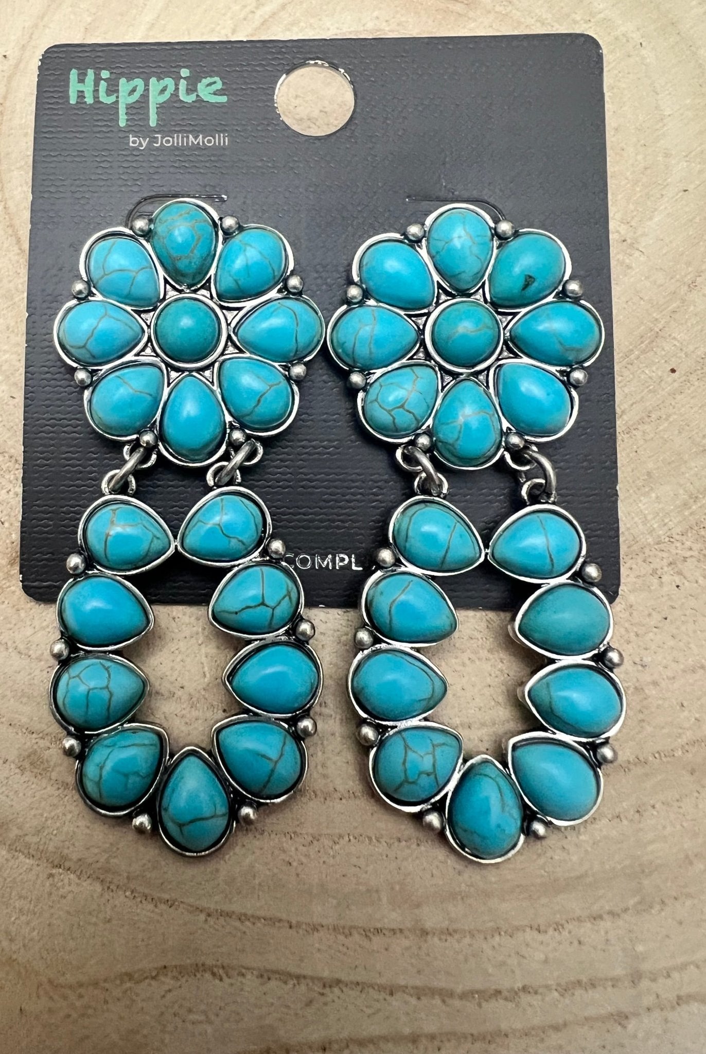 Faux Turquoise Cluster Post Earrings - 2 1/4 inch Statement Size - Cowhide and Conchos