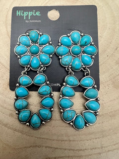Faux Turquoise Cluster Post Earrings - 2 1/4 inch Statement Size - Cowhide and Conchos