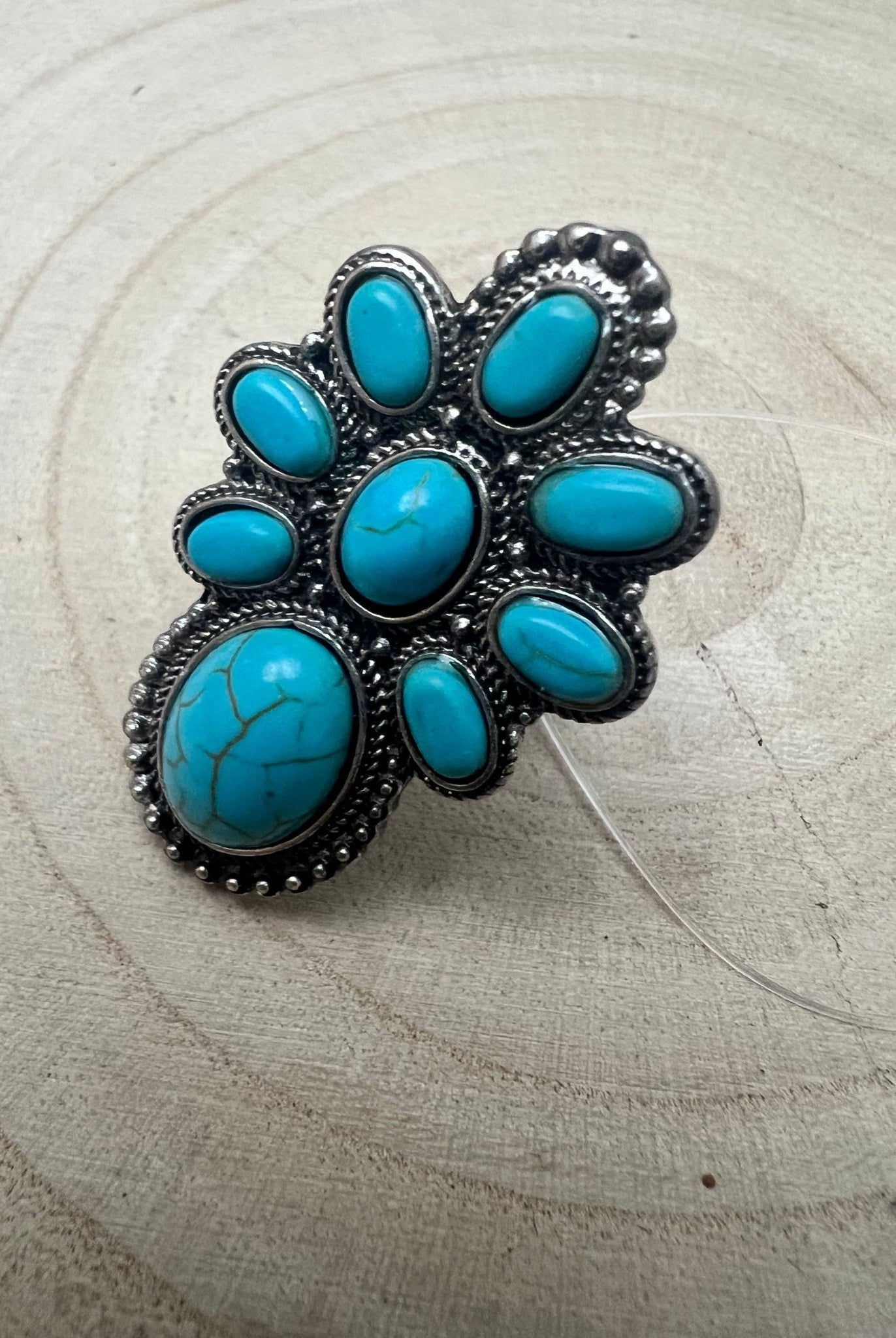 Faux Turquoise Cluster Statement Size Cuff Ring - Adjustable Sizing - Cowhide and Conchos