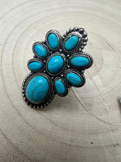 Faux Turquoise Cluster Statement Size Cuff Ring - Adjustable Sizing - Cowhide and Conchos