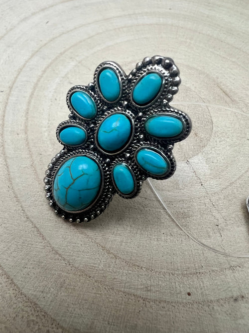 Faux Turquoise Cluster Statement Size Cuff Ring - Adjustable Sizing - Cowhide and Conchos