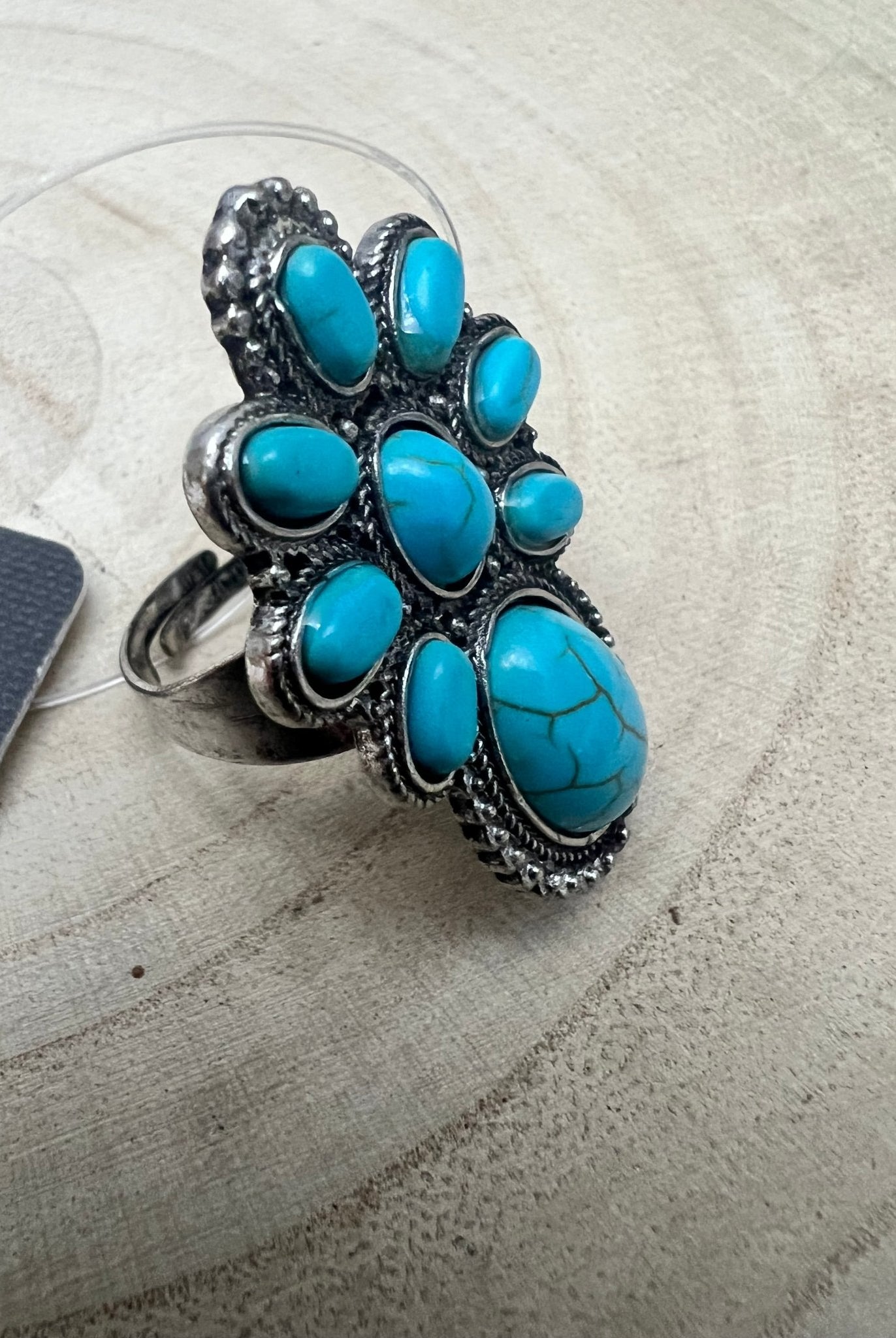 Faux Turquoise Cluster Statement Size Cuff Ring - Adjustable Sizing - Cowhide and Conchos