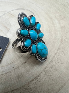 Faux Turquoise Cluster Statement Size Cuff Ring - Adjustable Sizing - Cowhide and Conchos