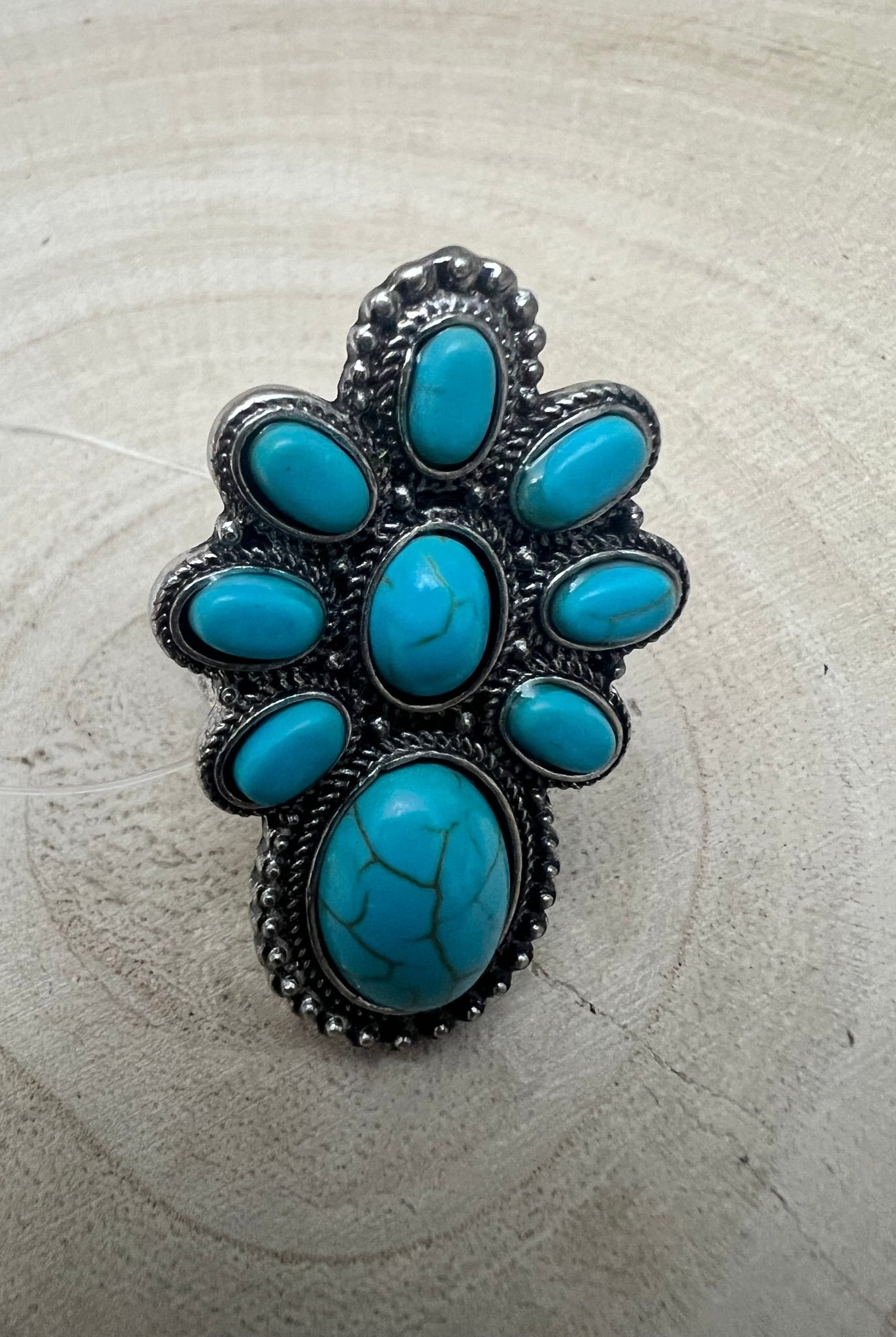 Faux Turquoise Cluster Statement Size Cuff Ring - Adjustable Sizing - Cowhide and Conchos