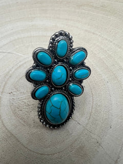 Faux Turquoise Cluster Statement Size Cuff Ring - Adjustable Sizing - Cowhide and Conchos