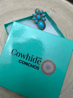 Faux Turquoise Cluster Statement Size Cuff Ring - Adjustable Sizing - Cowhide and Conchos