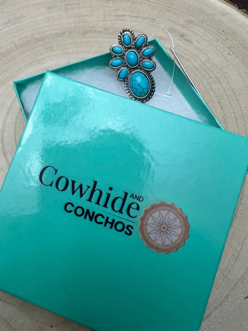 Faux Turquoise Cluster Statement Size Cuff Ring - Adjustable Sizing - Cowhide and Conchos