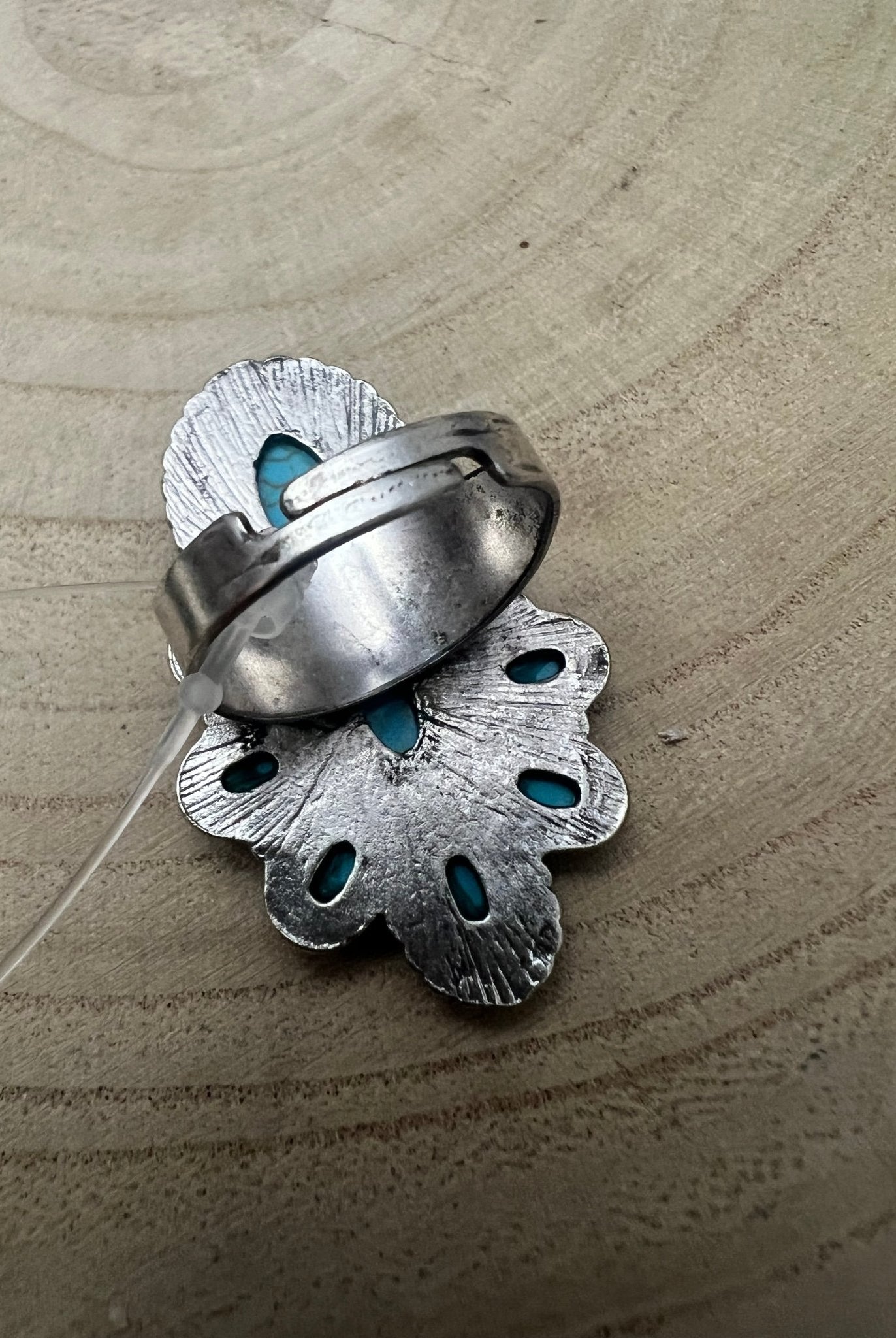 Faux Turquoise Cluster Statement Size Cuff Ring - Adjustable Sizing - Cowhide and Conchos