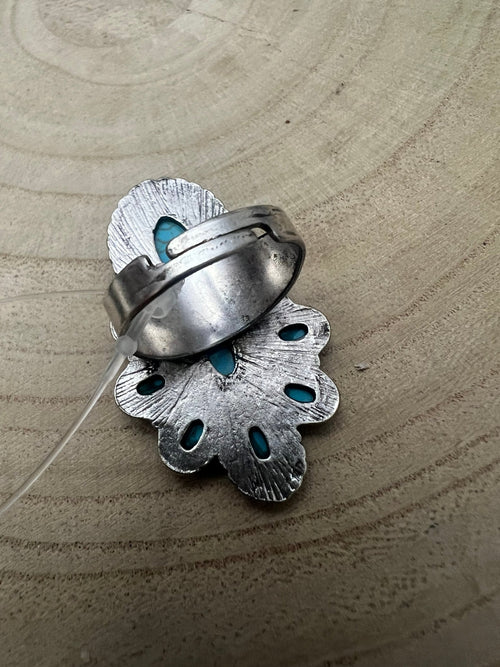 Faux Turquoise Cluster Statement Size Cuff Ring - Adjustable Sizing - Cowhide and Conchos