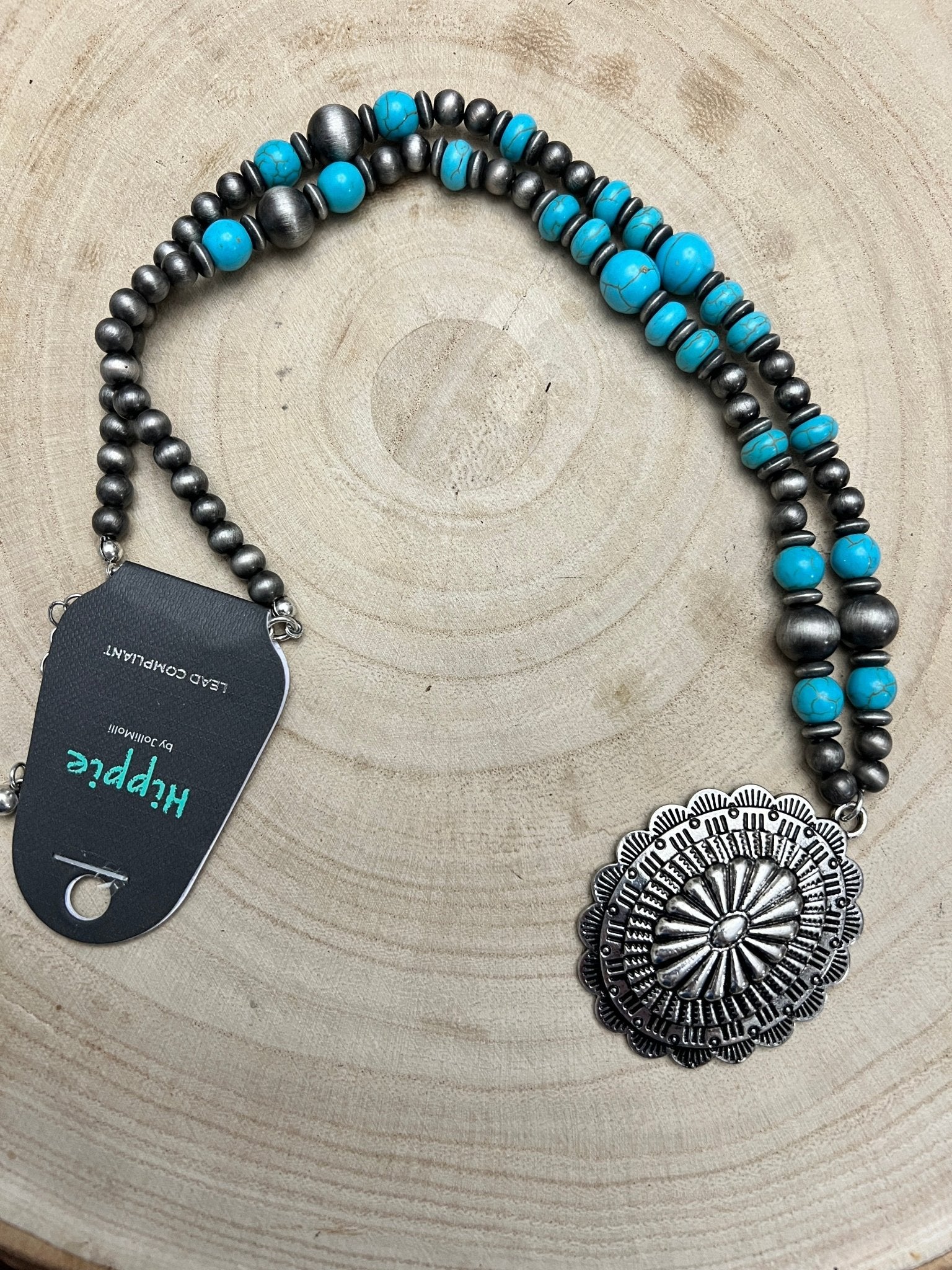 Faux Turquoise & Concho Pendant and Faux Sterling Pearl Necklace - 21 inch + 3 - Cowhide and Conchos