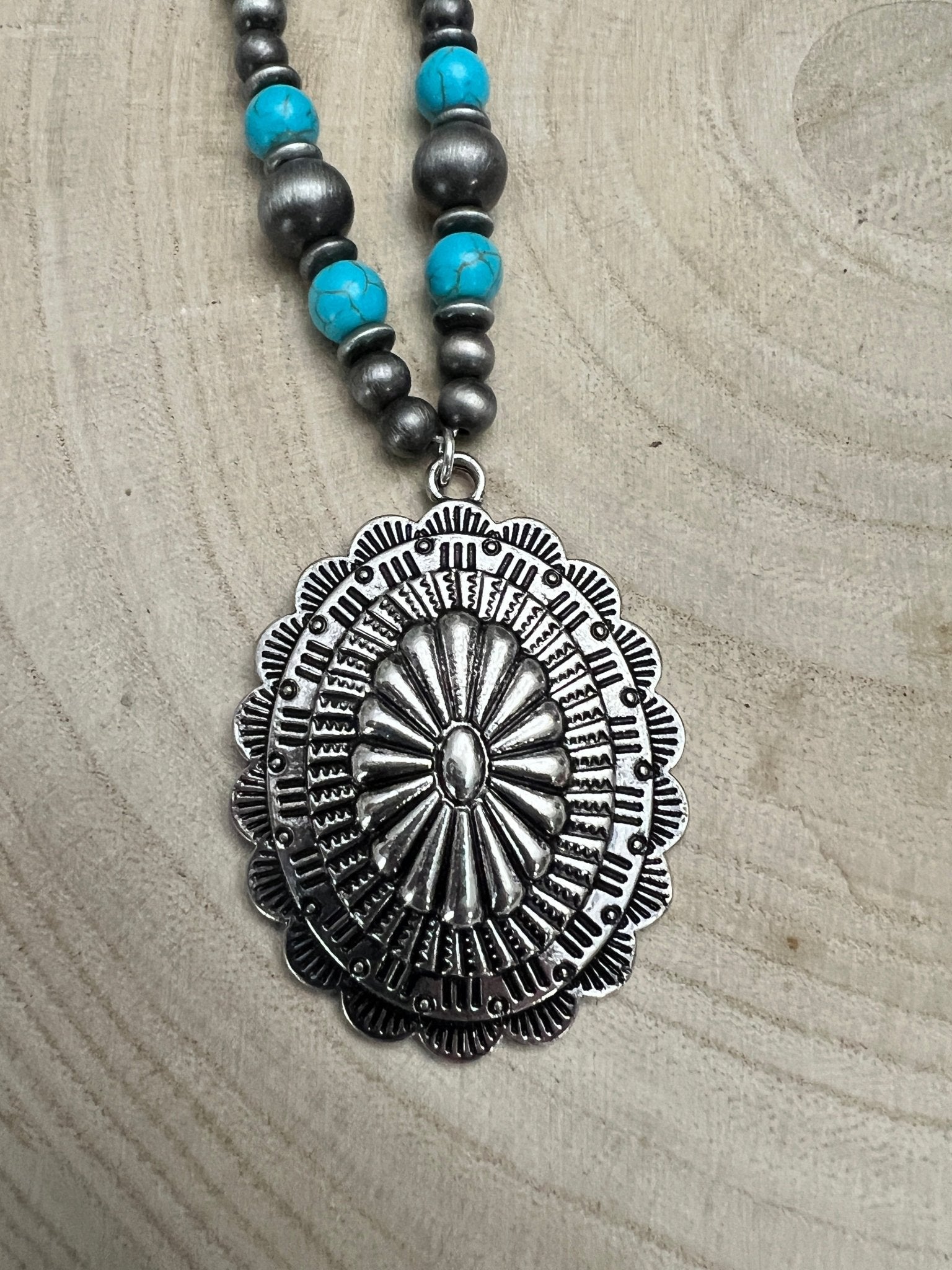 Faux Turquoise & Concho Pendant and Faux Sterling Pearl Necklace - 21 inch + 3 - Cowhide and Conchos