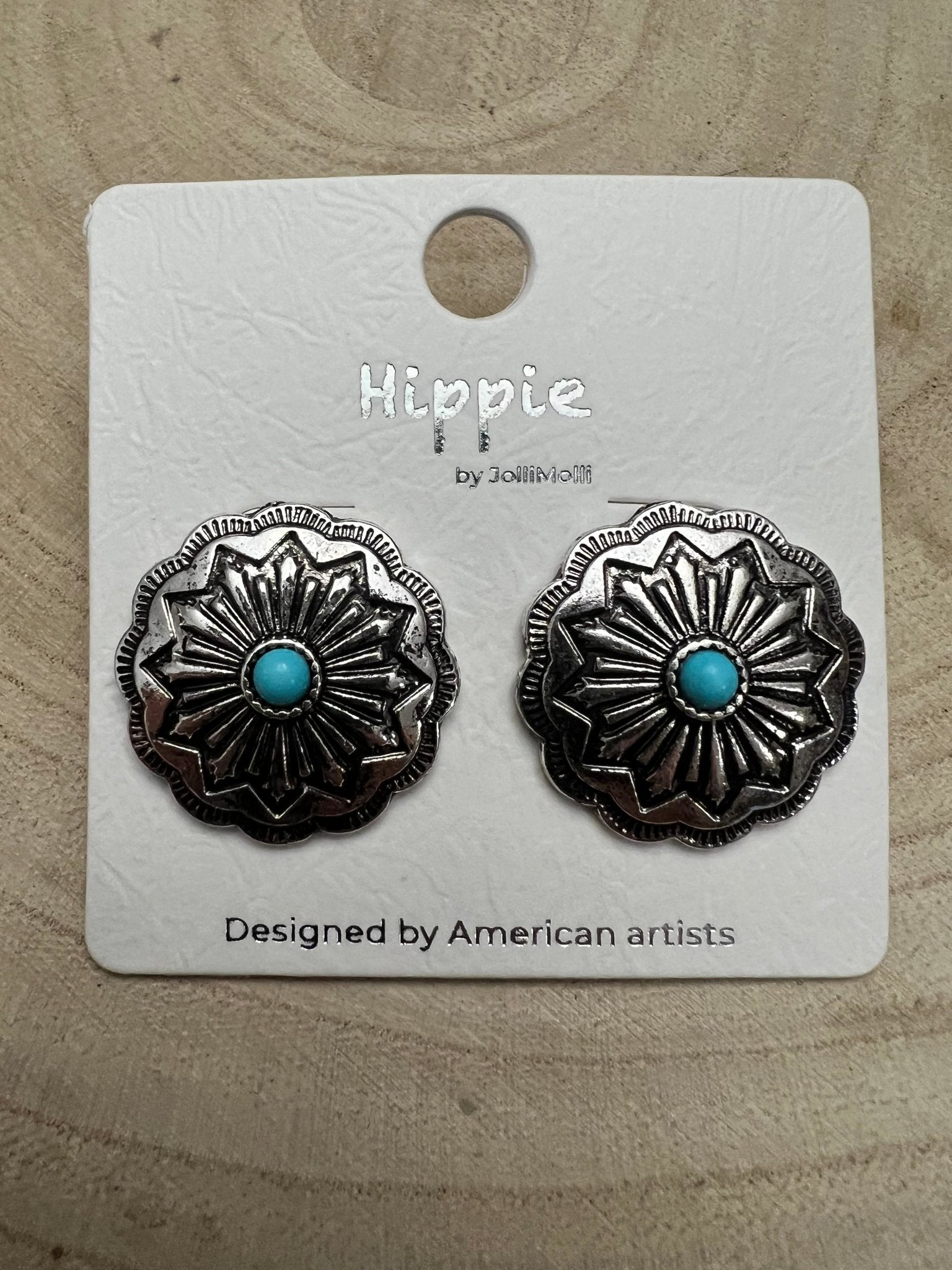 Faux Turquoise Concho Post Earrings - 3/4 inch drop - Cowhide and Conchos