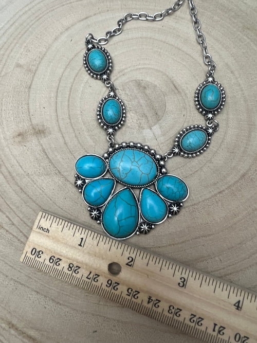 Faux Turquoise Squash Blossom and Earring Set - 18 inch necklace - Cowhide and Conchos