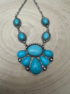 Faux Turquoise Squash Blossom and Earring Set - 18 inch necklace - Cowhide and Conchos