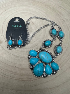 Faux Turquoise Squash Blossom and Earring Set - 18 inch necklace - Cowhide and Conchos