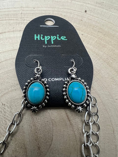 Faux Turquoise Squash Blossom and Earring Set - 18 inch necklace - Cowhide and Conchos