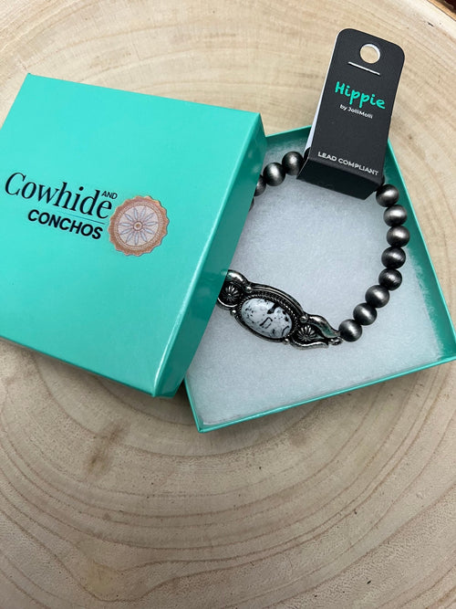 Faux White Buffalo and Sterling Pearl Stretch Bracelet - Cowhide and Conchos