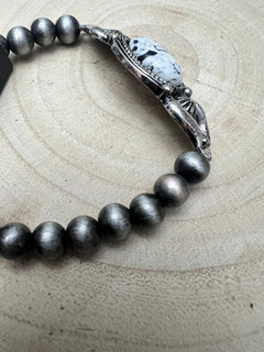 Faux White Buffalo and Sterling Pearl Stretch Bracelet - Cowhide and Conchos