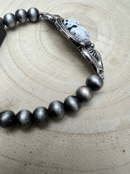 Faux White Buffalo and Sterling Pearl Stretch Bracelet - Cowhide and Conchos