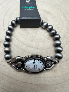 Faux White Buffalo and Sterling Pearl Stretch Bracelet - Cowhide and Conchos