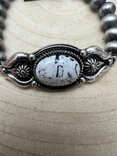 Faux White Buffalo and Sterling Pearl Stretch Bracelet - Cowhide and Conchos