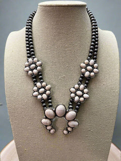 Faux White Buffalo Double Strand Squash Blossom Necklace - 18 inch - Cowhide and Conchos