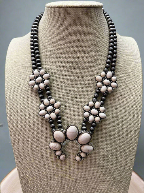 Faux White Buffalo Double Strand Squash Blossom Necklace - 18 inch - Cowhide and Conchos