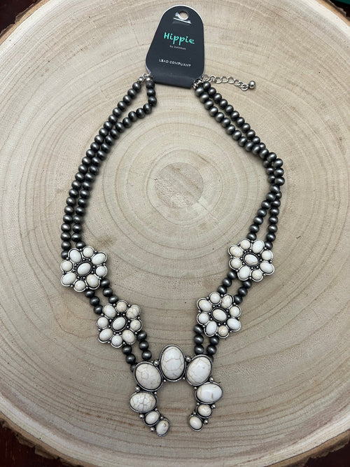Faux White Buffalo Double Strand Squash Blossom Necklace - 18 inch - Cowhide and Conchos