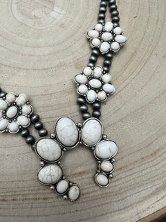 Faux White Buffalo Double Strand Squash Blossom Necklace - 18 inch - Cowhide and Conchos