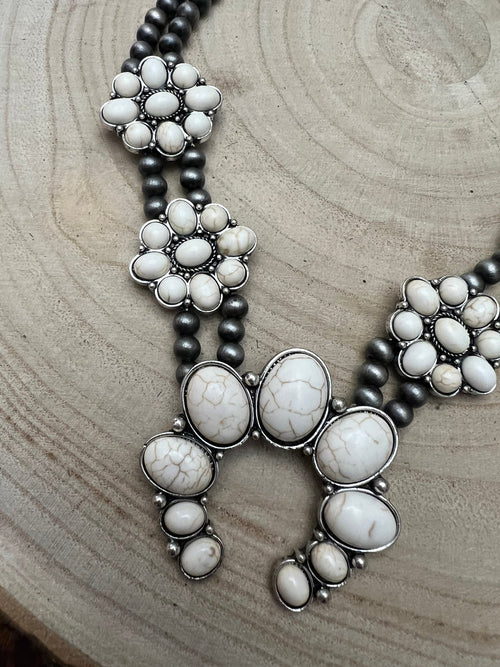 Faux White Buffalo Double Strand Squash Blossom Necklace - 18 inch - Cowhide and Conchos