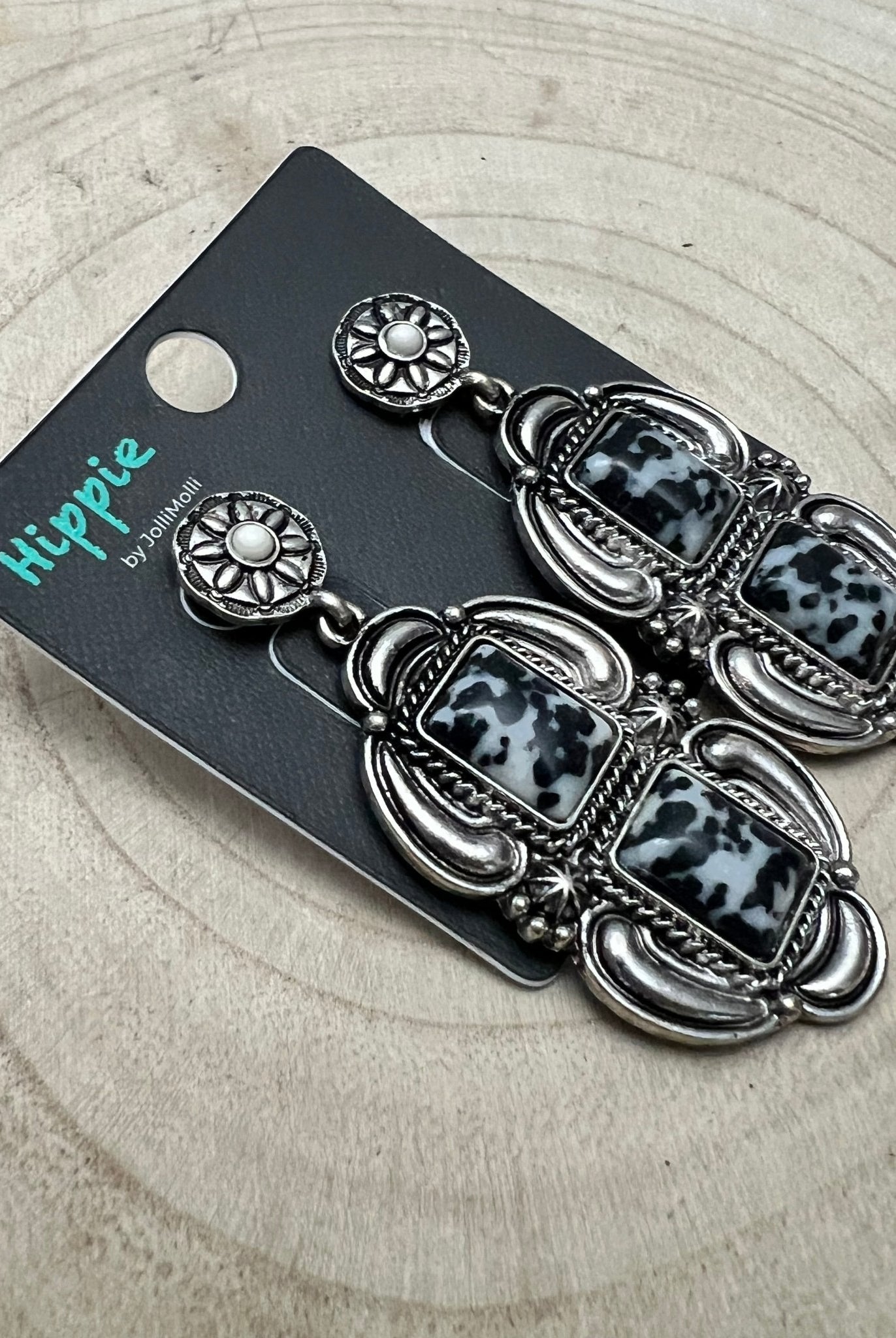 Faux White Buffalo Drop Earrings - Cowhide and Conchos