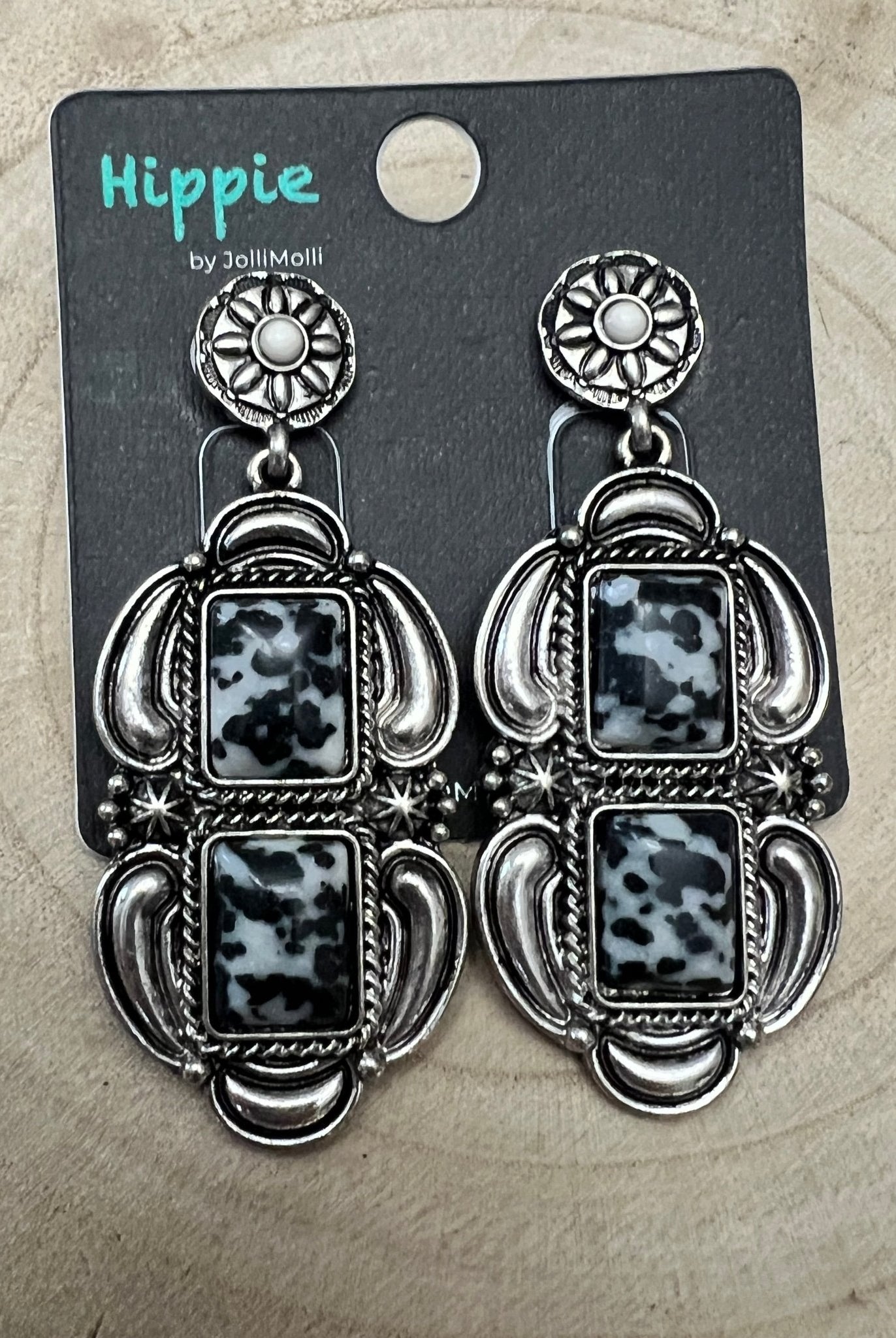 Faux White Buffalo Drop Earrings - Cowhide and Conchos