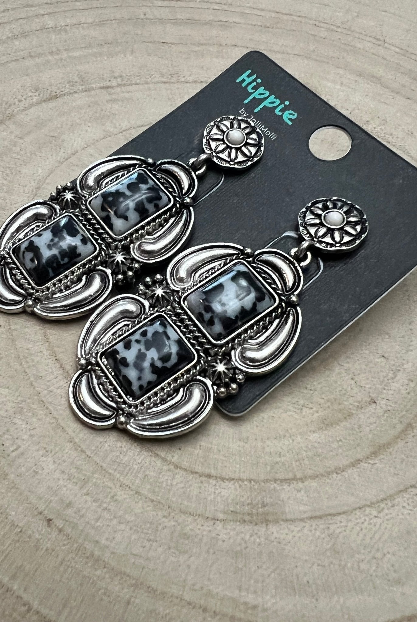 Faux White Buffalo Drop Earrings - Cowhide and Conchos