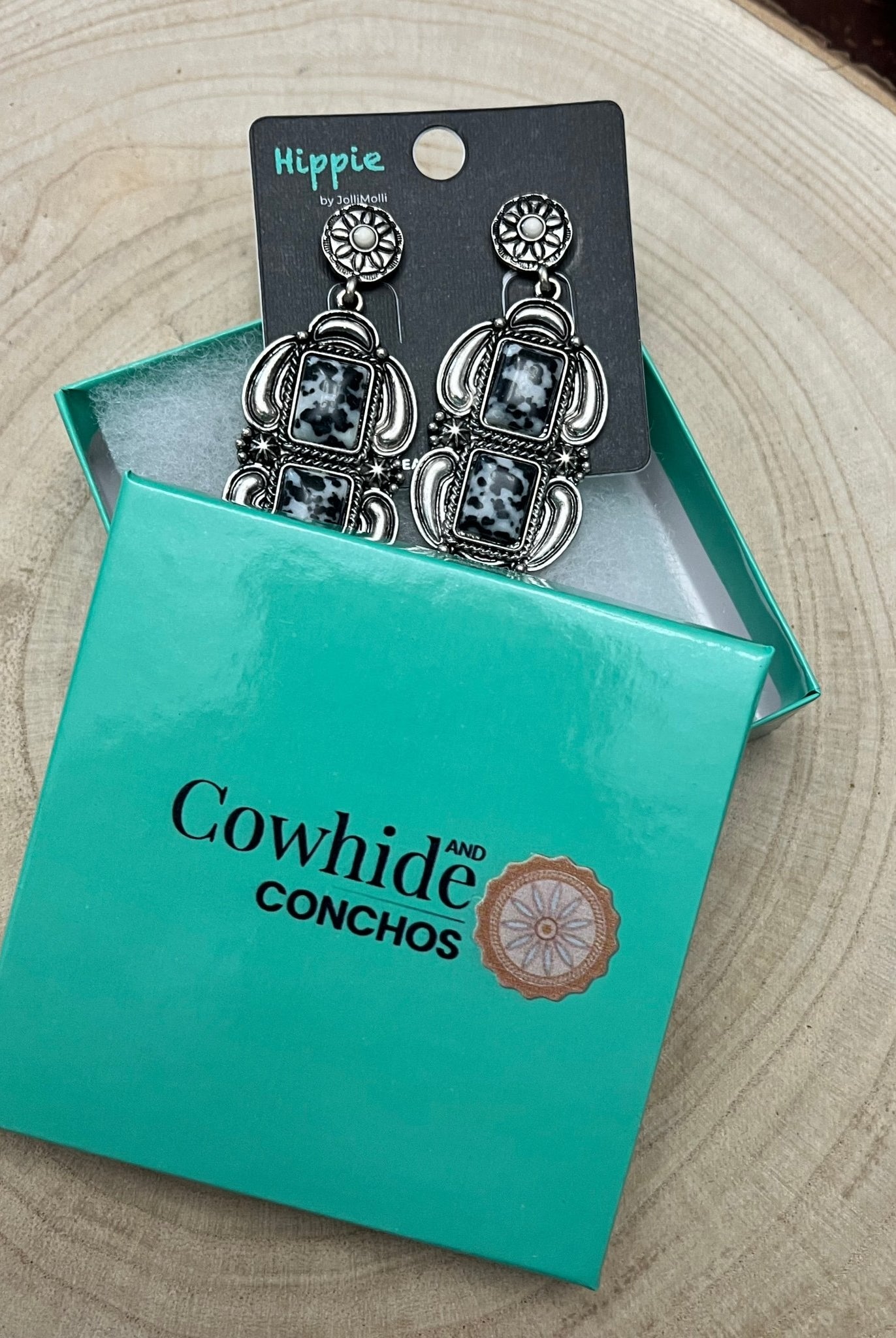 Faux White Buffalo Drop Earrings - Cowhide and Conchos