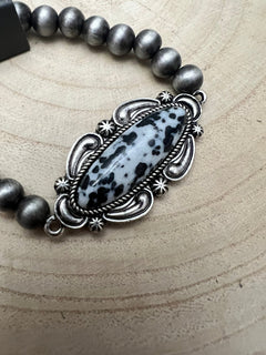 Faux White Buffalo Stretch Bracelet - Cowhide and Conchos