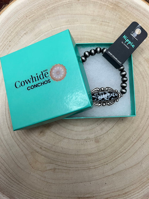 Faux White Buffalo Stretch Bracelet - Cowhide and Conchos