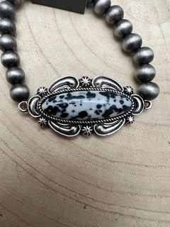 Faux White Buffalo Stretch Bracelet - Cowhide and Conchos