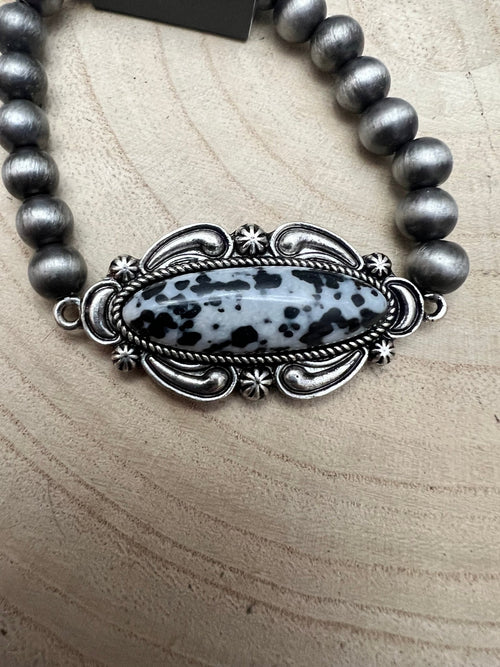 Faux White Buffalo Stretch Bracelet - Cowhide and Conchos