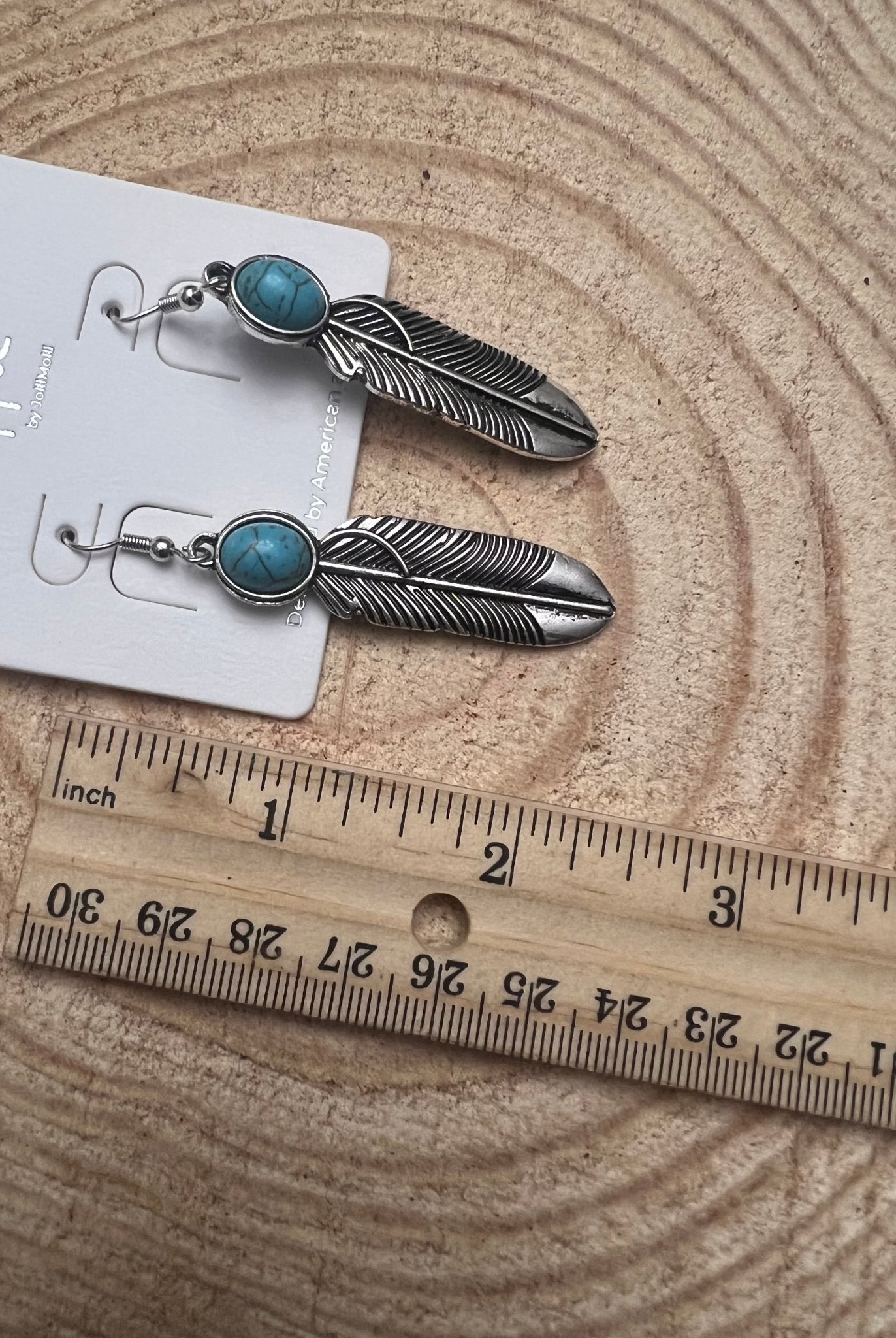Feather Earrings with Faux Turquoise - 2 inch drop - Cowhide and Conchos