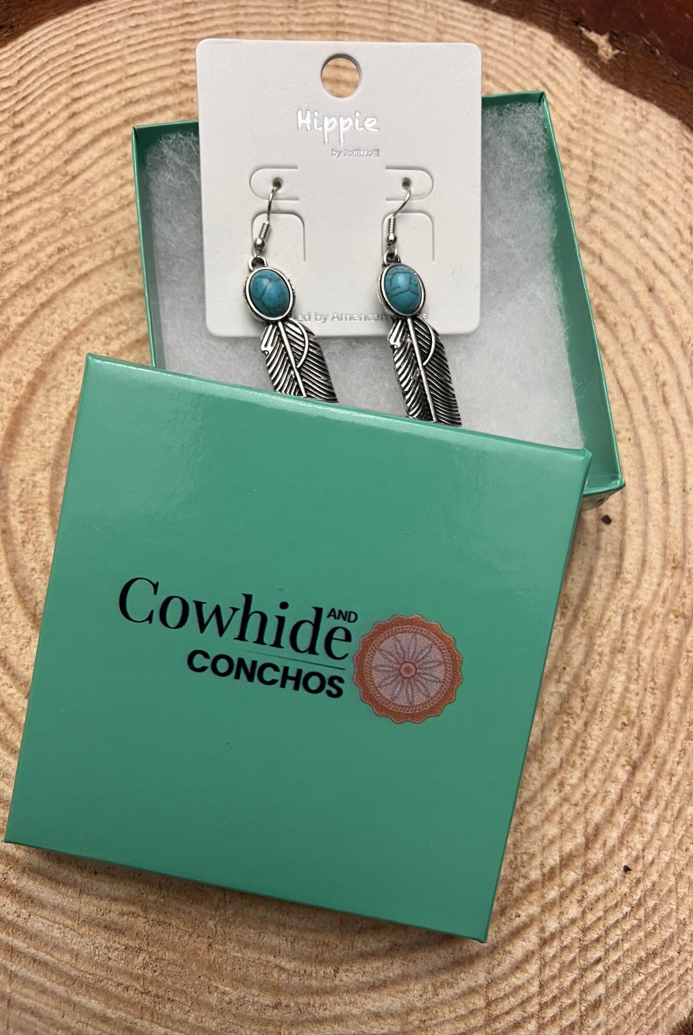 Feather Earrings with Faux Turquoise - 2 inch drop - Cowhide and Conchos
