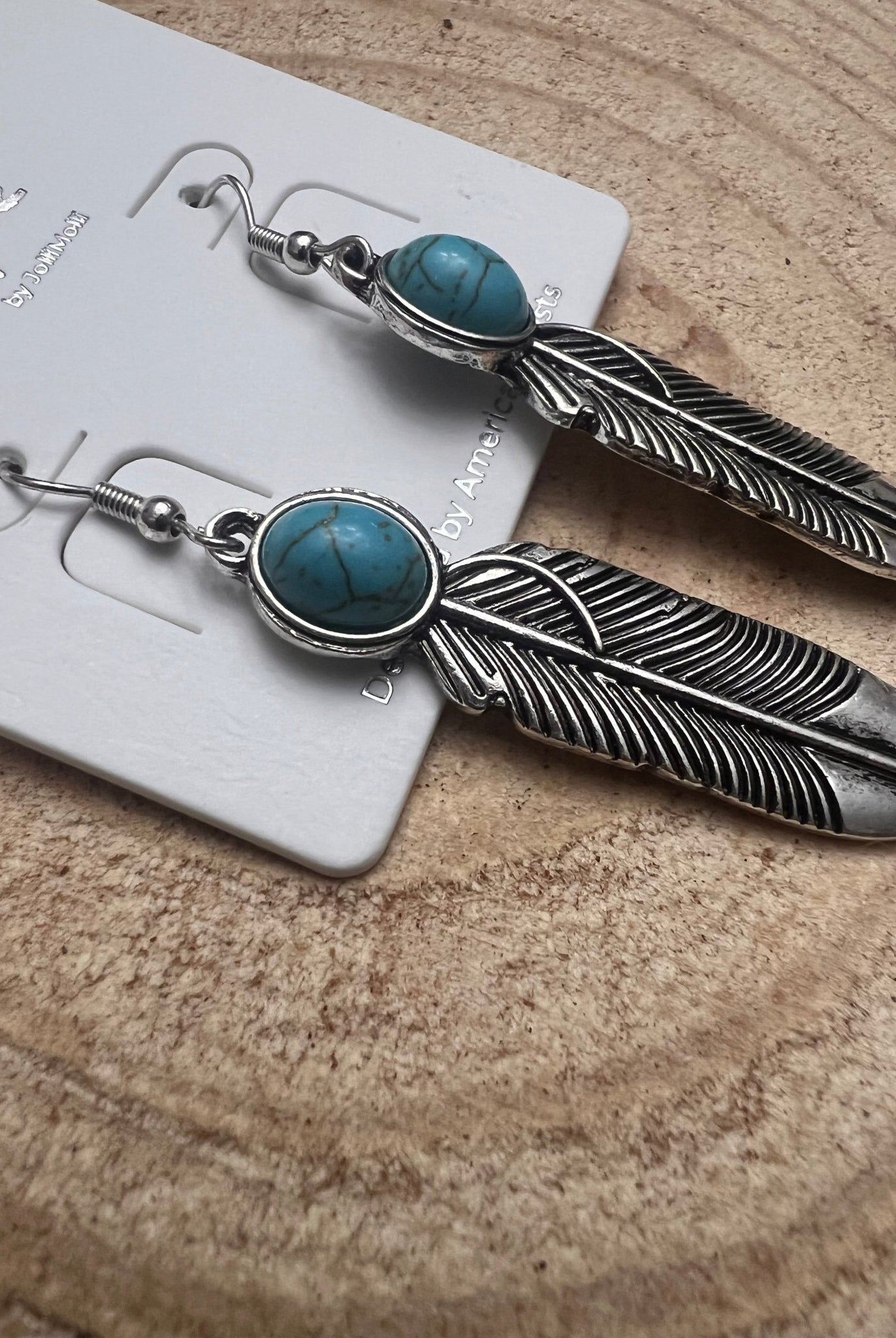 Feather Earrings with Faux Turquoise - 2 inch drop - Cowhide and Conchos