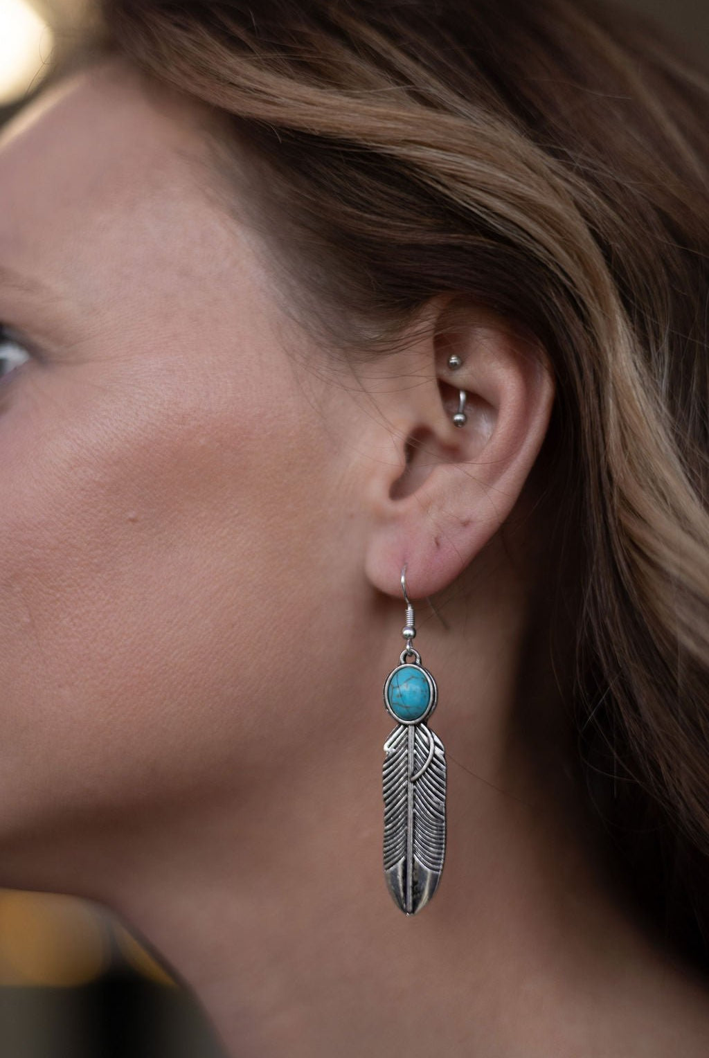 Feather Earrings with Faux Turquoise - 2 inch drop - Cowhide and Conchos