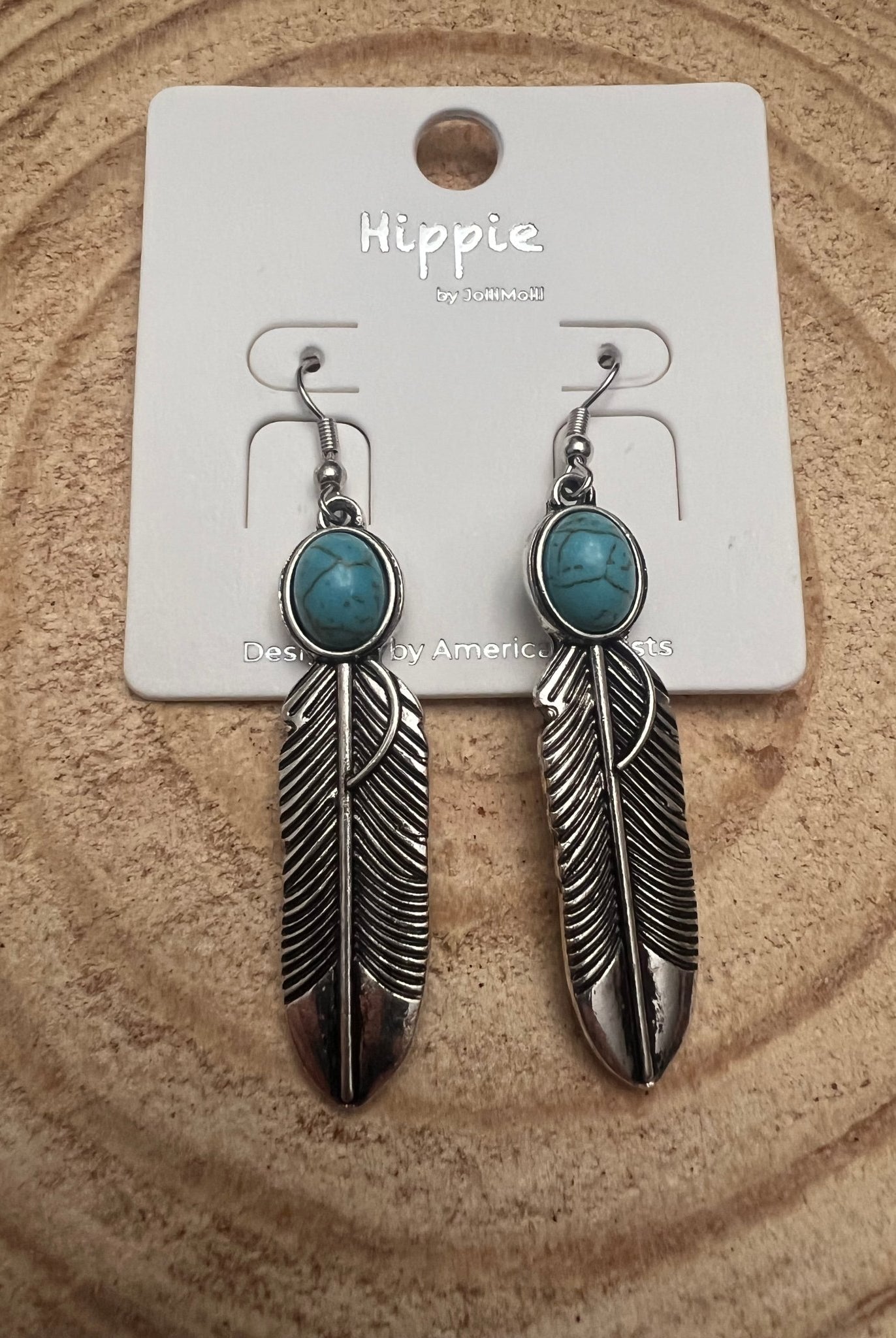 Feather Earrings with Faux Turquoise - 2 inch drop - Cowhide and Conchos