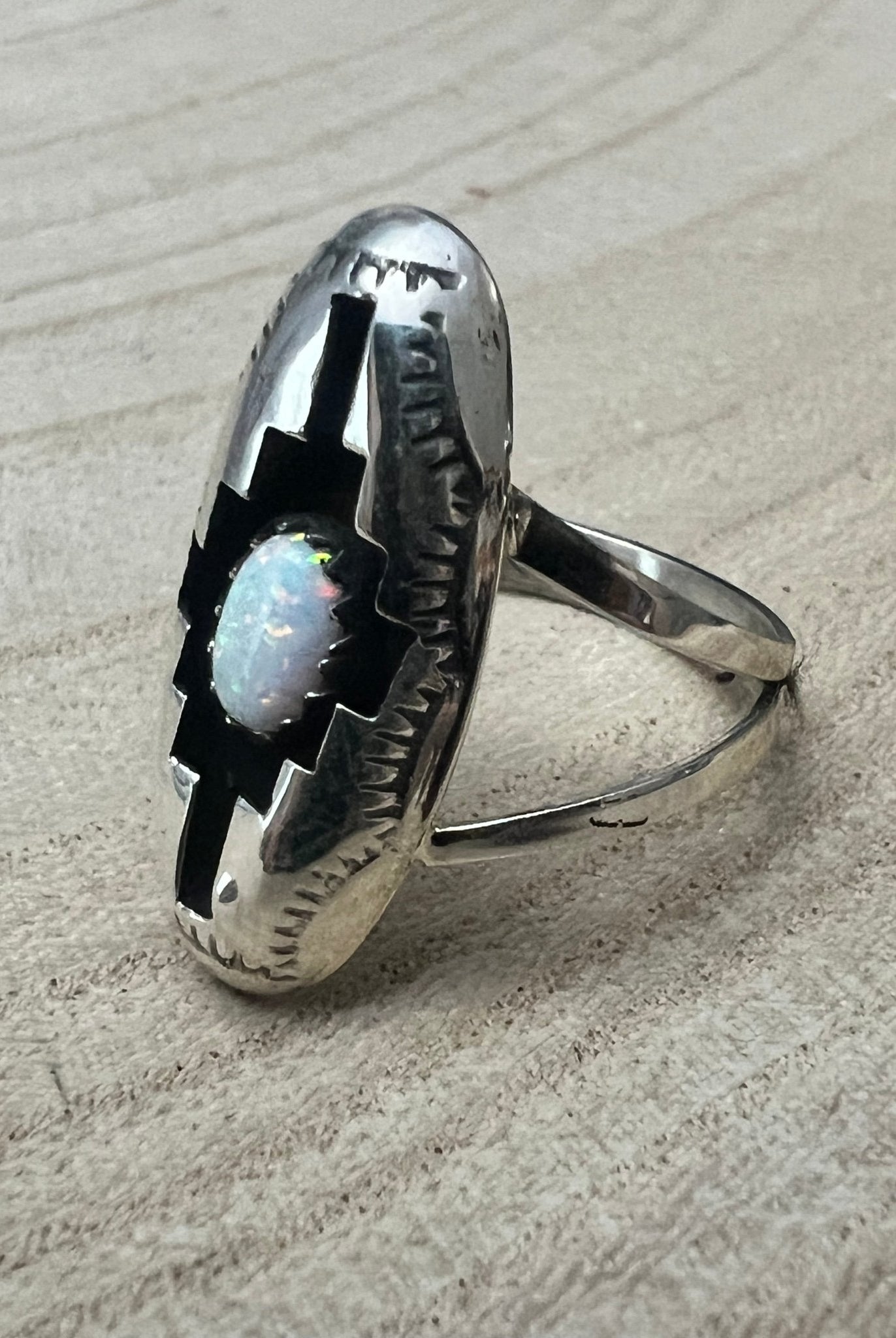 Felix Perry Navajo Handmade Opal Shadowbox Ring - Cowhide and Conchos