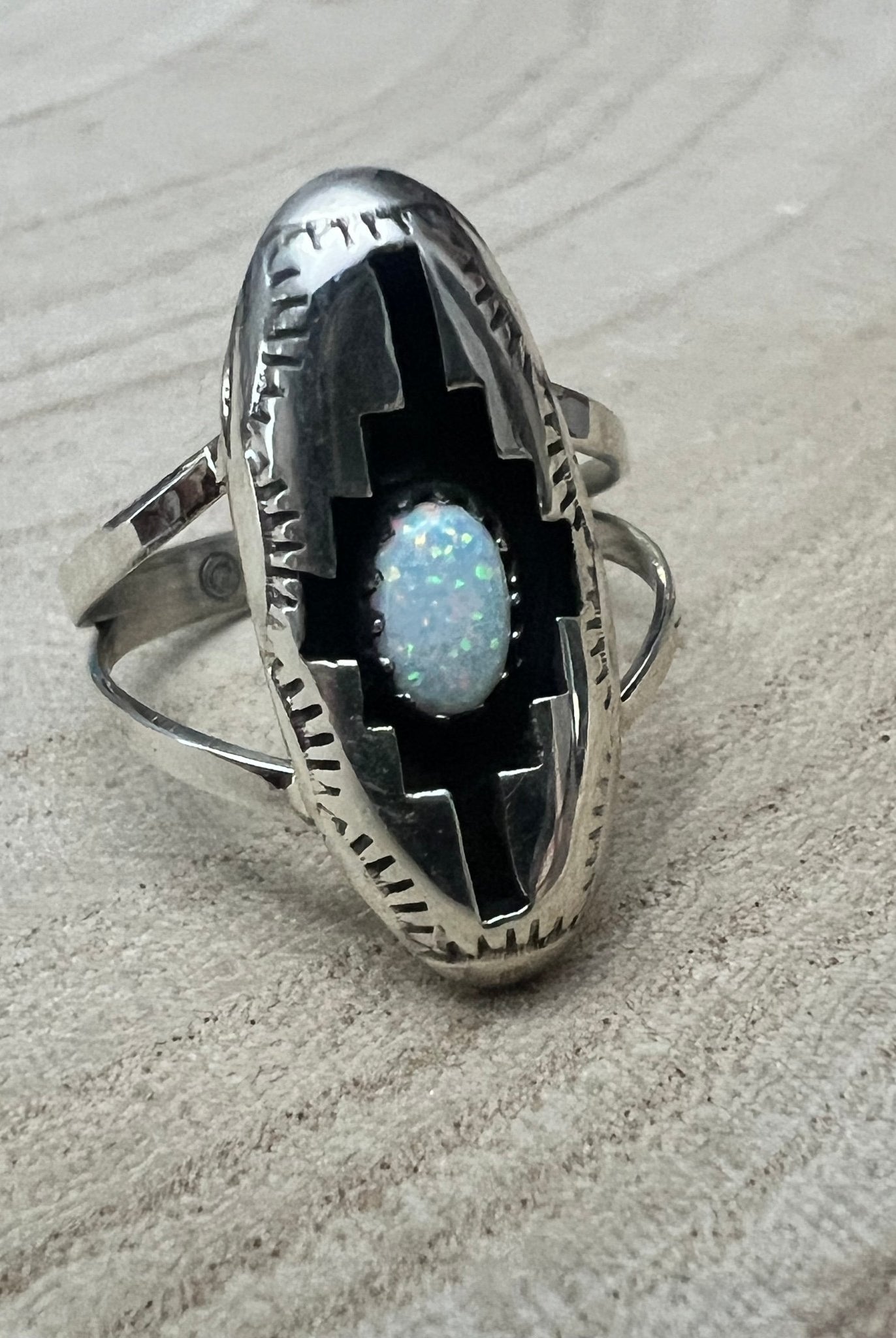 Felix Perry Navajo Handmade Opal Shadowbox Ring - Cowhide and Conchos