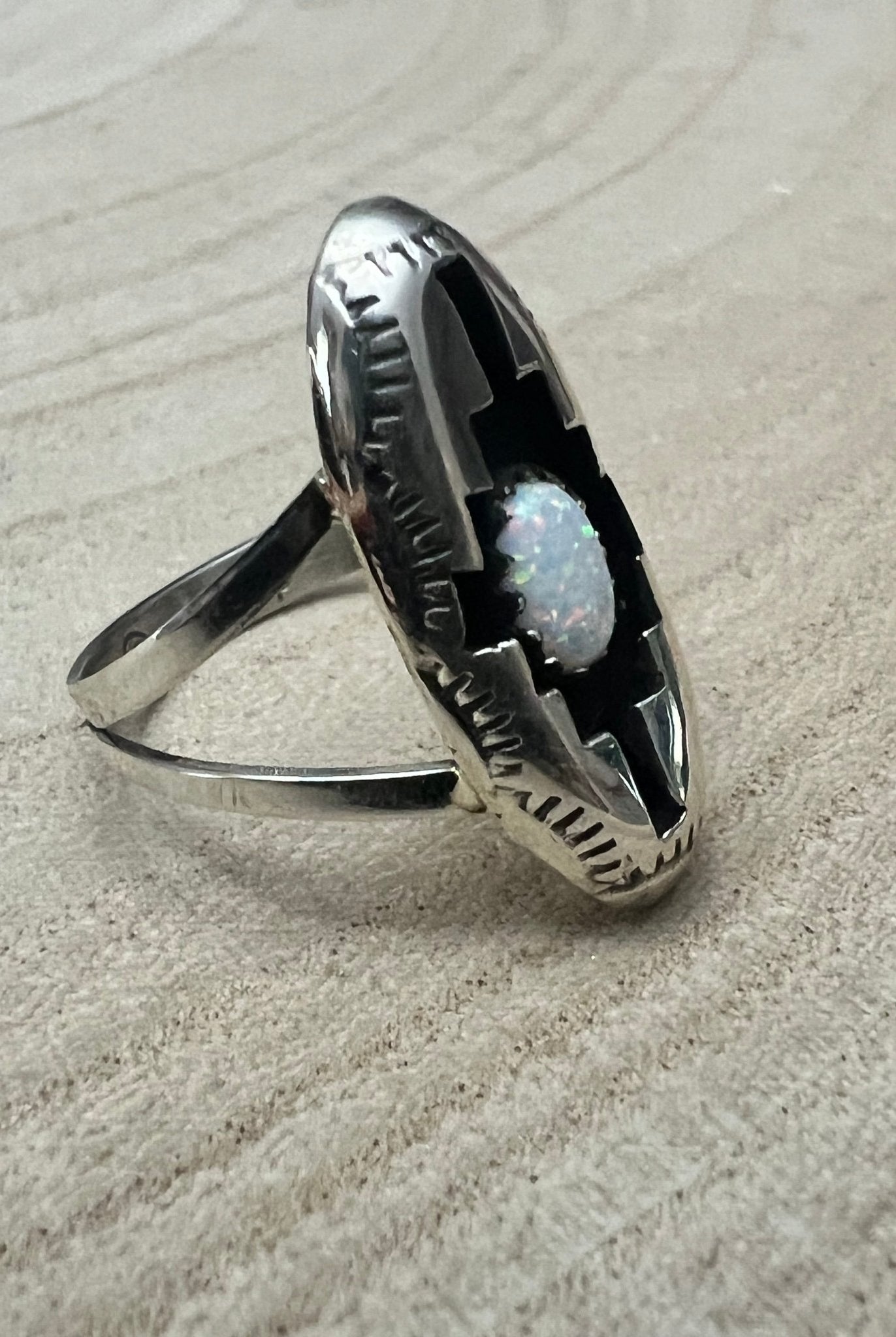 Felix Perry Navajo Handmade Opal Shadowbox Ring - Cowhide and Conchos