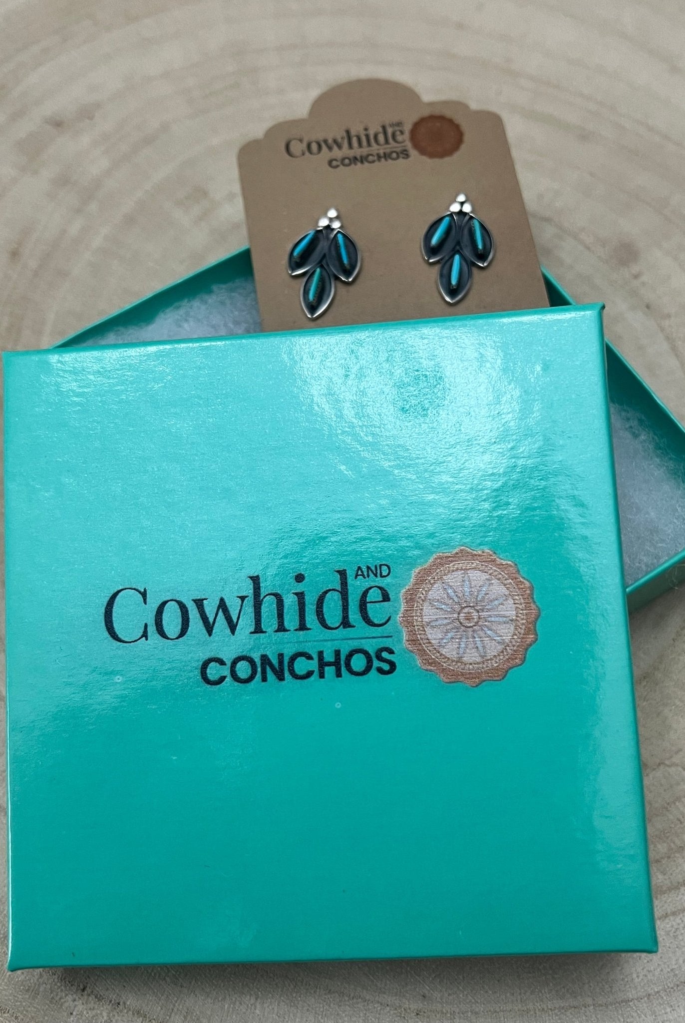 Fernando Othole Turquoise Post Earrings - Cowhide and Conchos