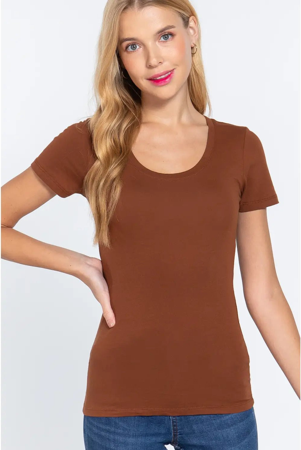 Fitted Basic Scoop Neck Tee - Cowhide and Conchos