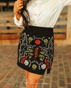 Floral Embroidered Skirt - Cowhide and Conchos