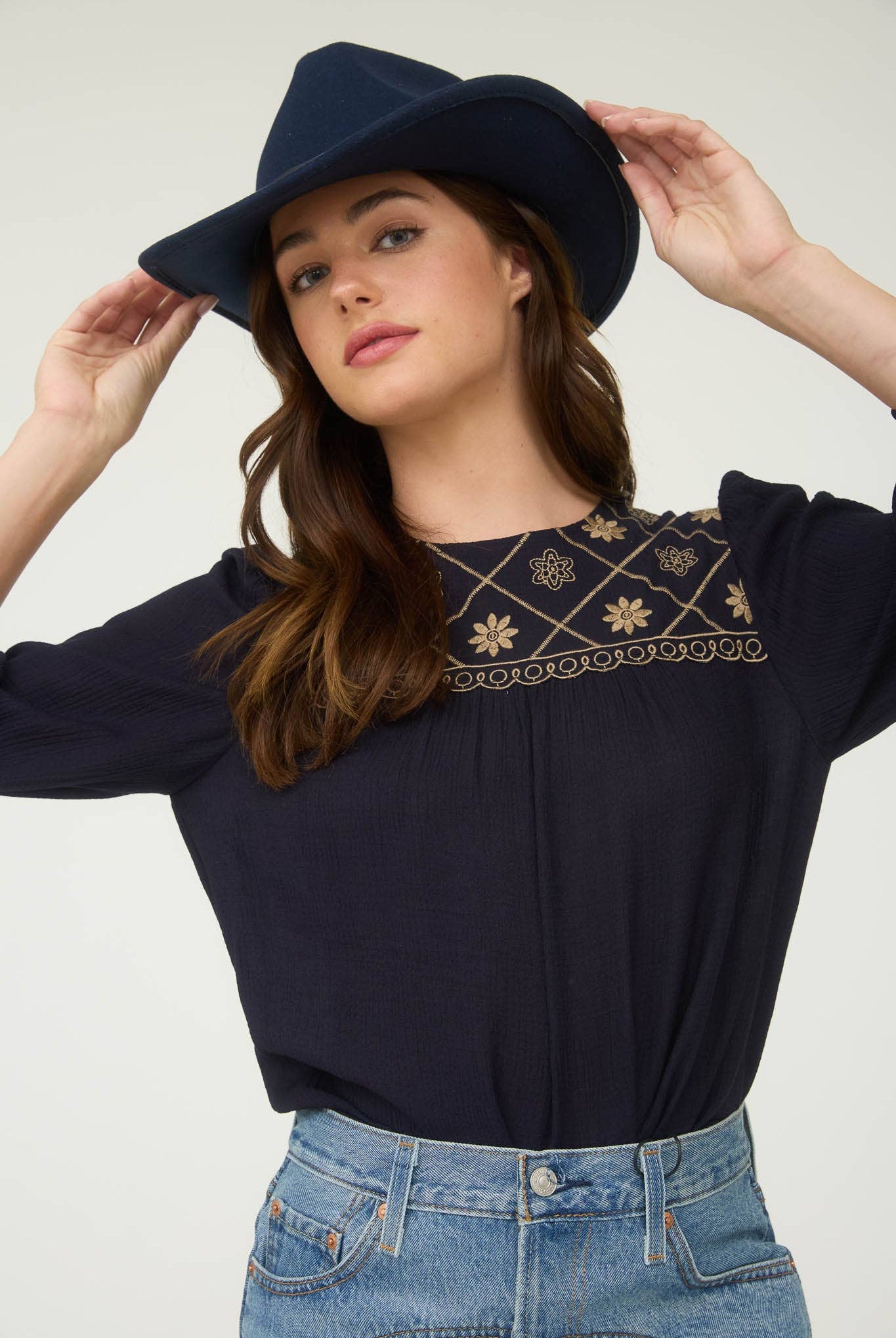 Floral Embroidered Yoke 3/4 Sleeve Blouse - Cowhide and Conchos
